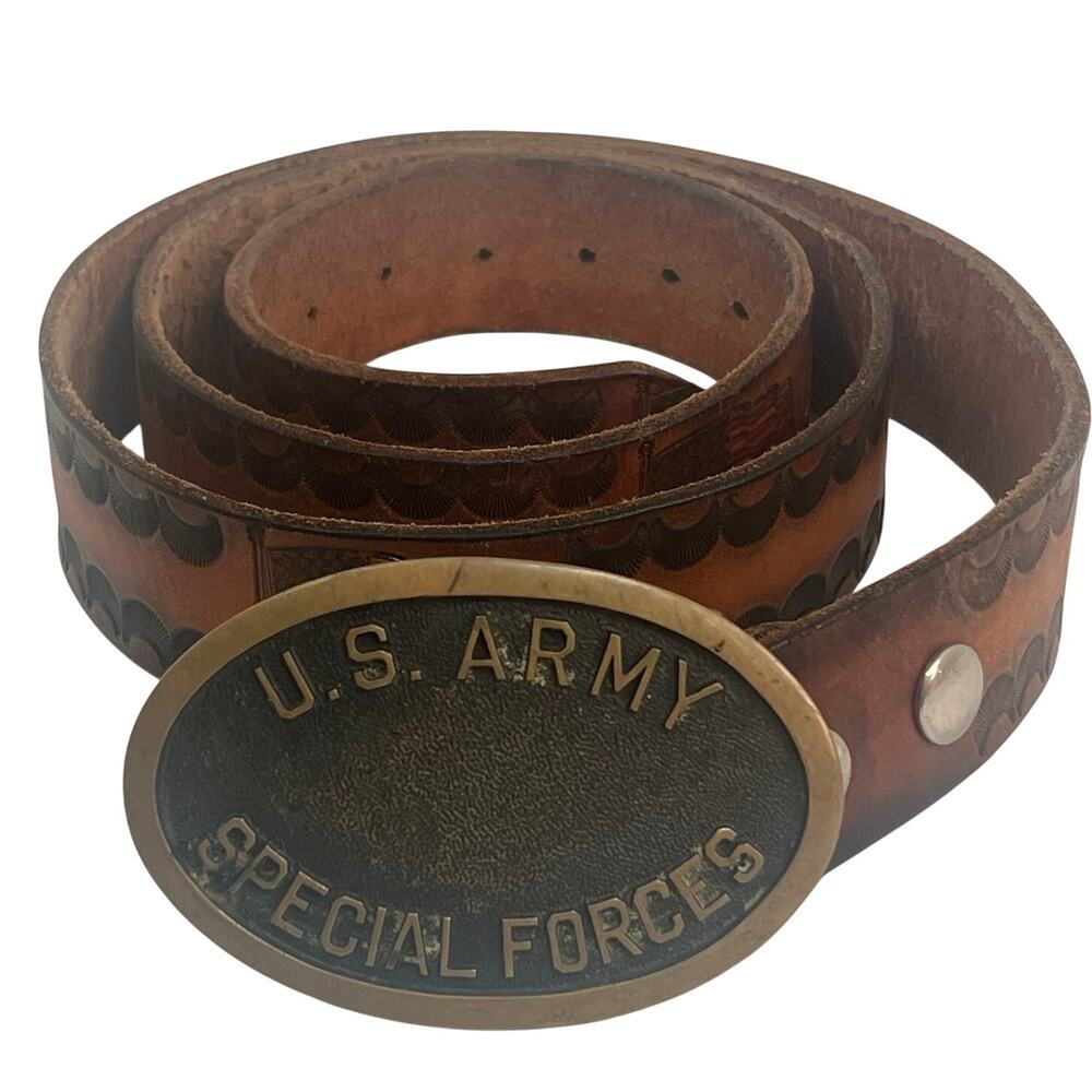Vintage US Army Special Forces Brass Buckle/Leather Belt Hand-tooled Amer Flag